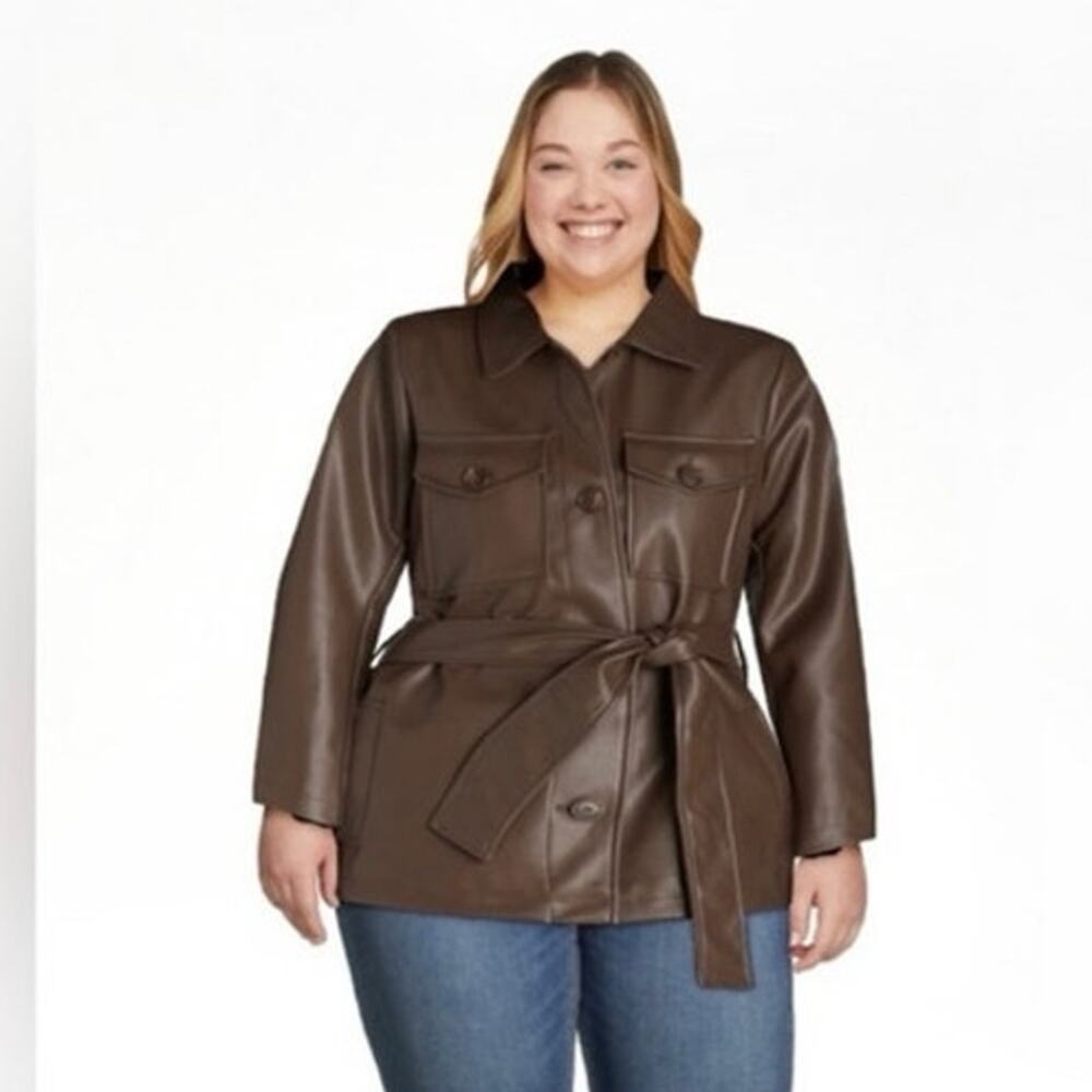 Time and Tru Faux Leather Trench Jacket Womens XL Brown Belted NWT